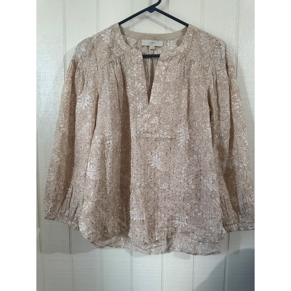 LOFT Womens Tan White Floral Metallic Shimmer Split Neck Blouse Size S